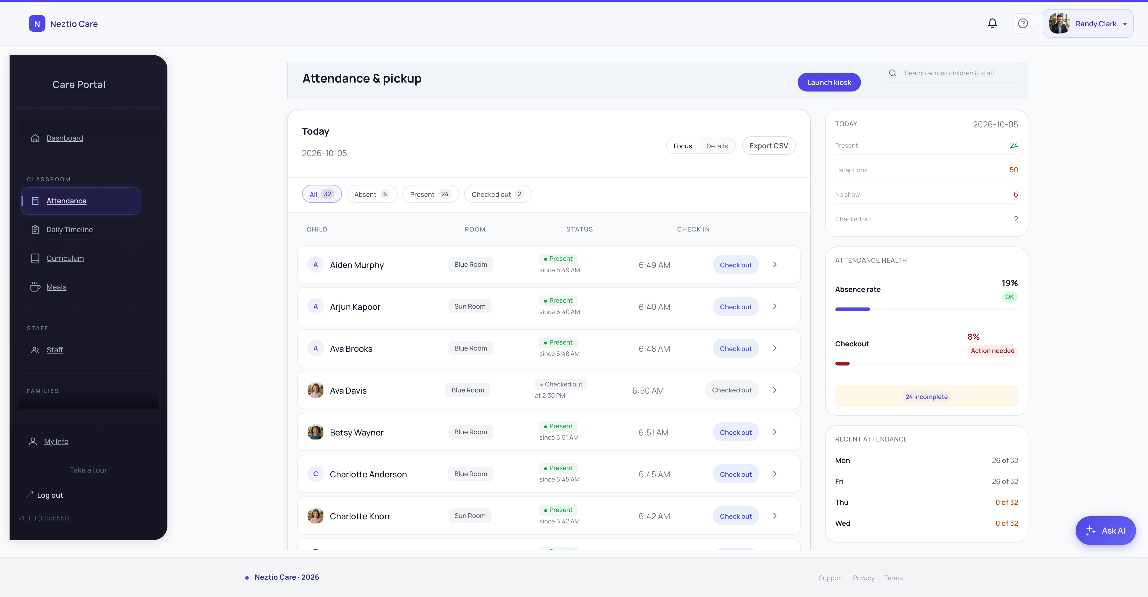 Attendance tracking dashboard for monitoring classroom headcount