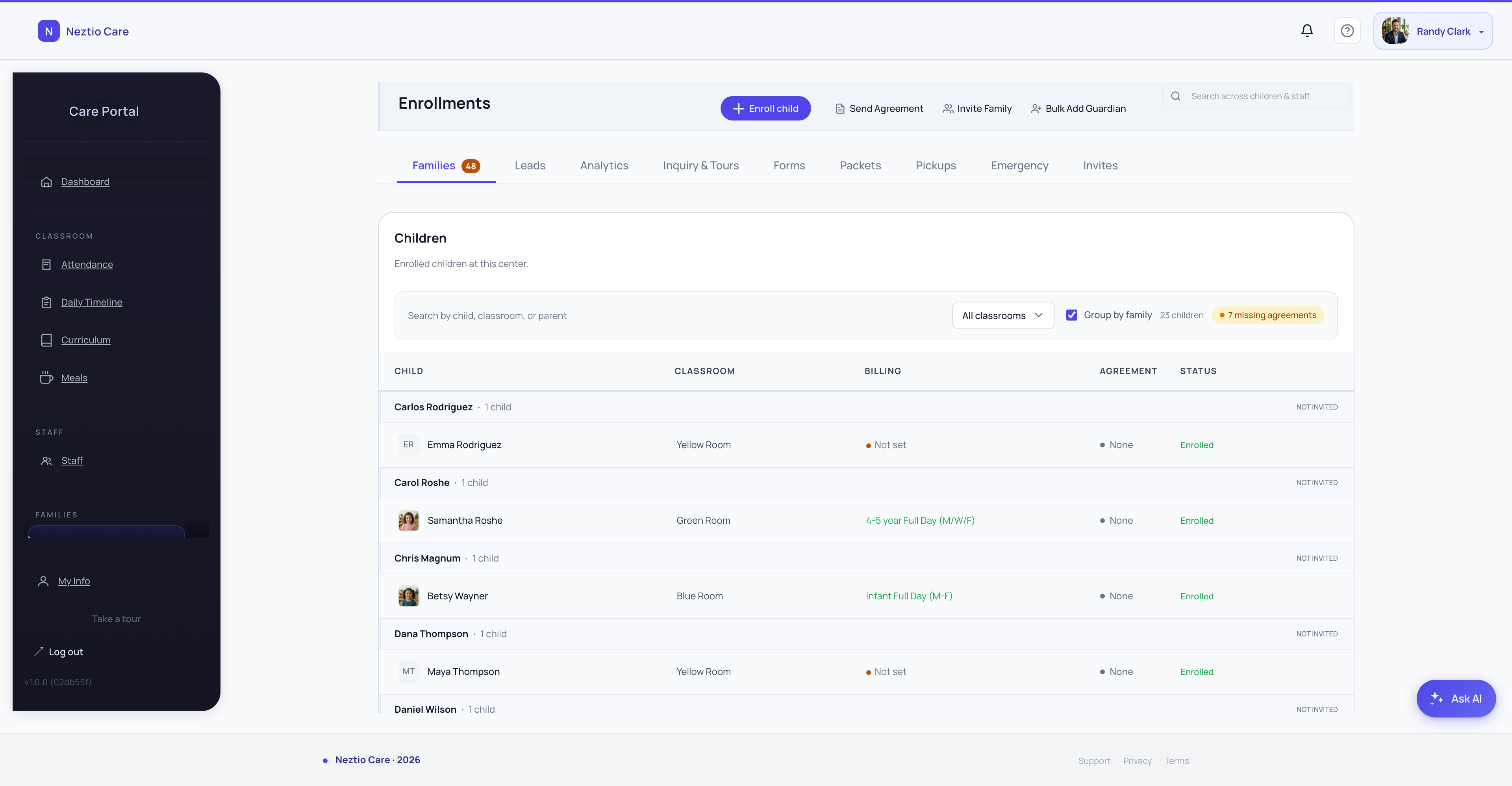 Enrollment management dashboard showing active, pending, and waitlisted families