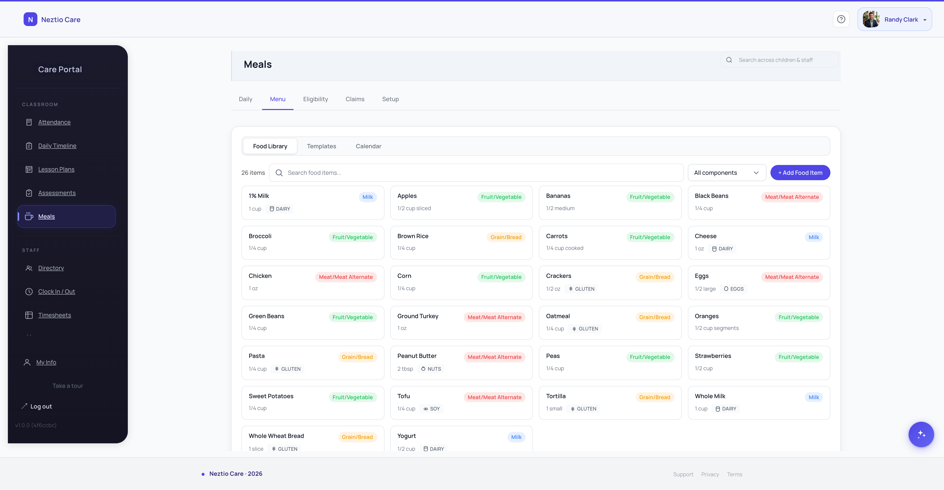 Meal planning dashboard with CACFP-compliant menu templates and nutritional tracking