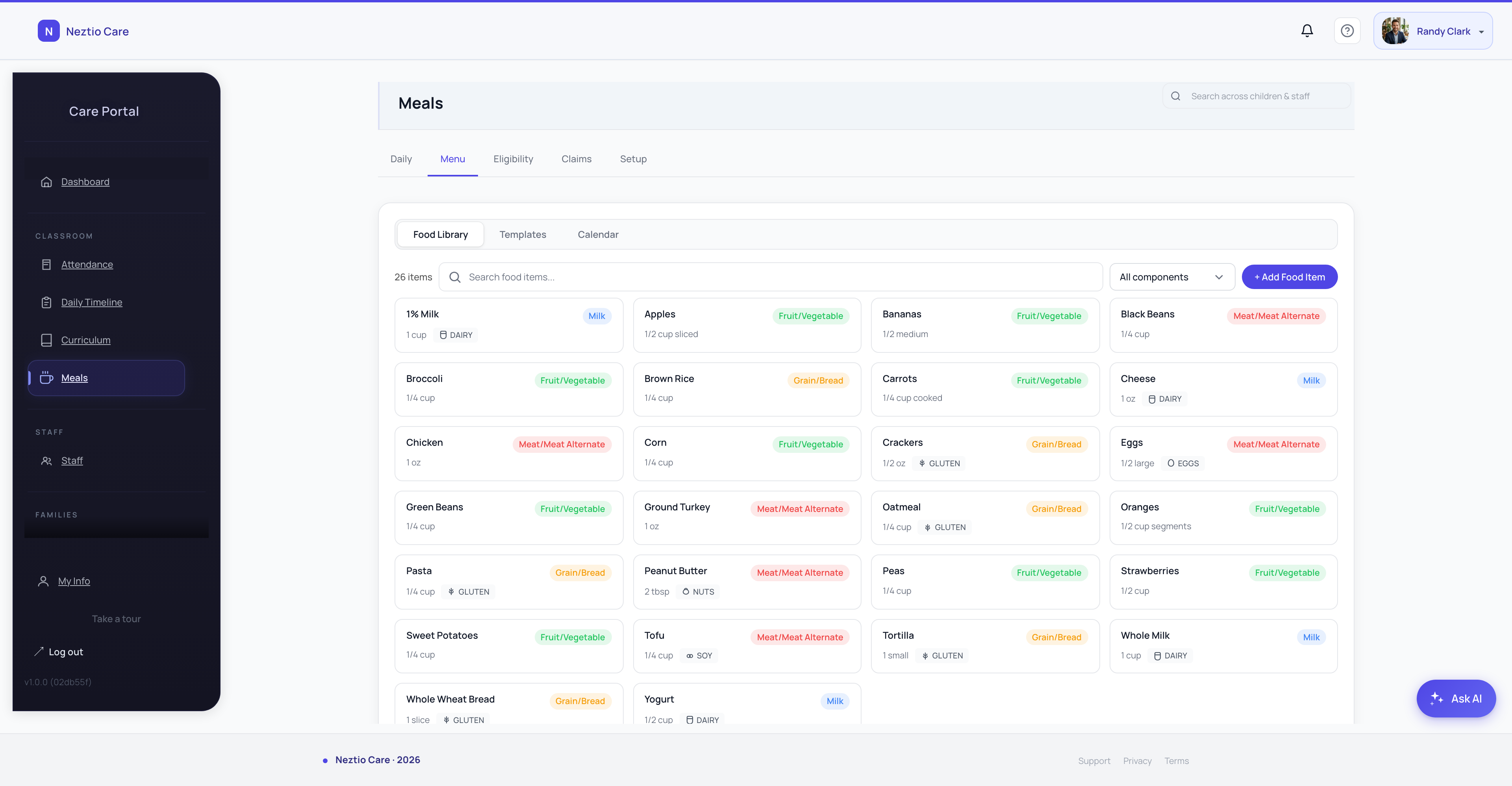 Meal planning and menu management dashboard with CACFP compliance