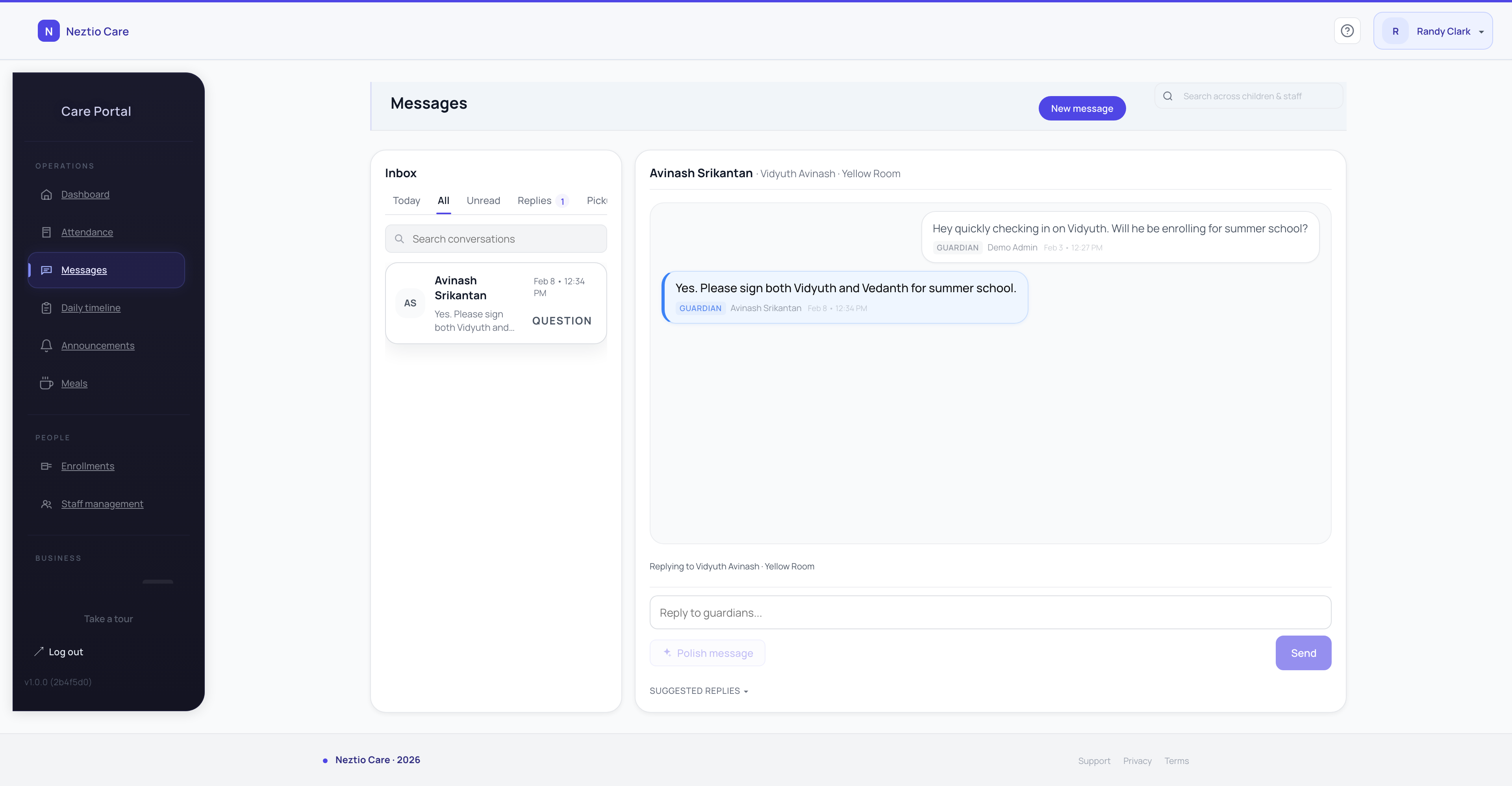 Neztio daily reports and parent messaging