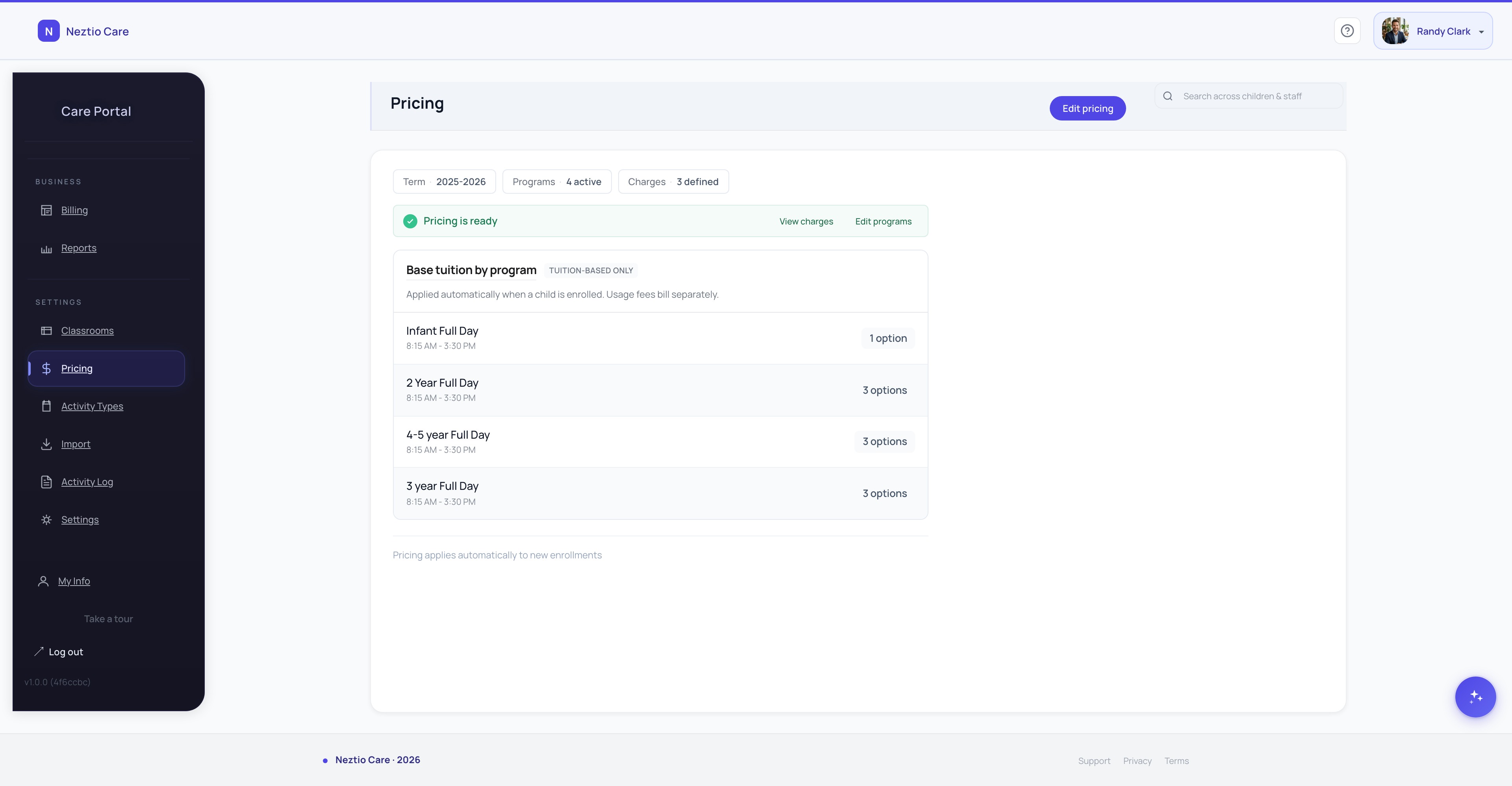 Flexible pricing plan configuration in Neztio
