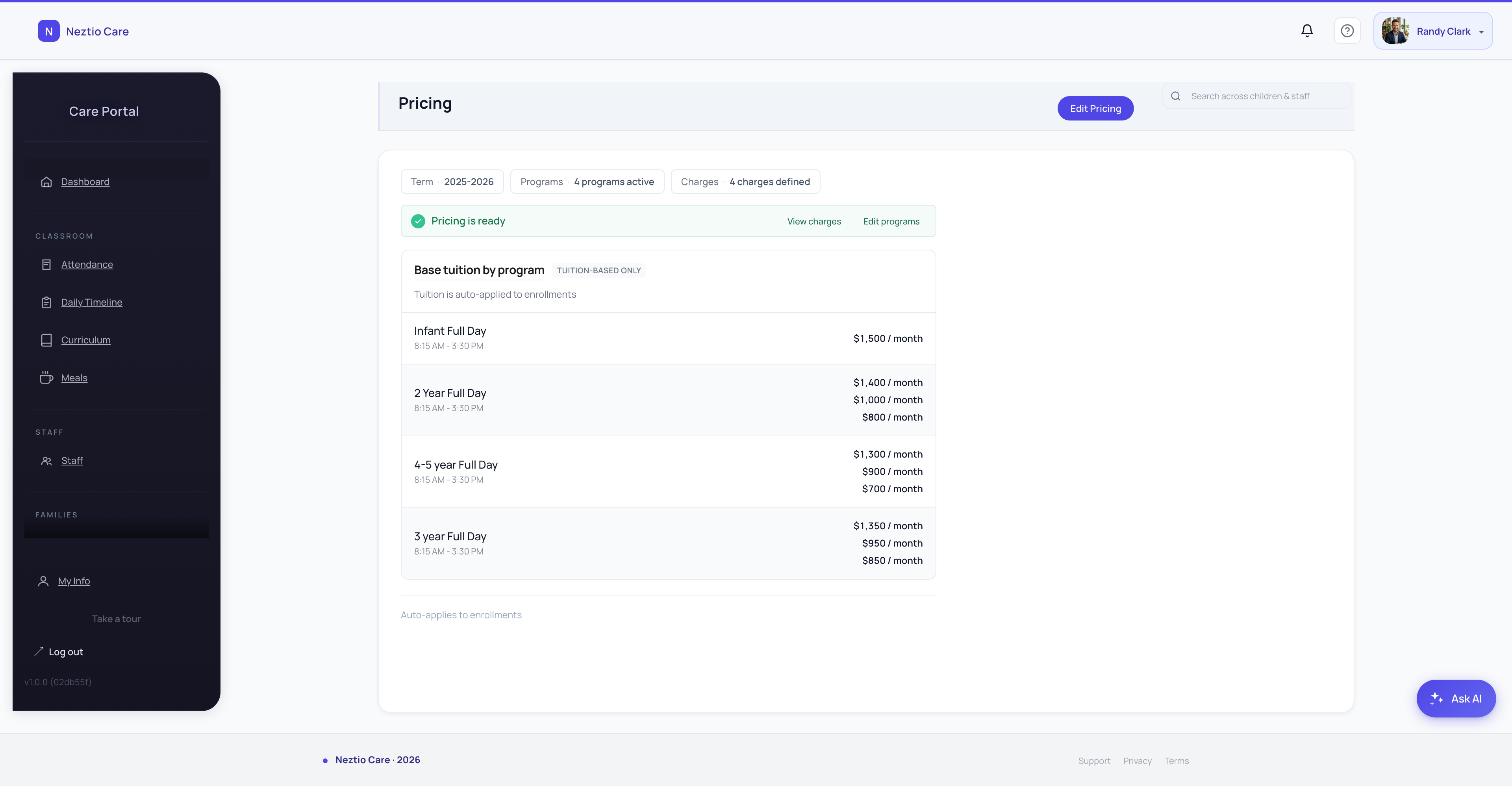 Flexible pricing plan configuration in Neztio