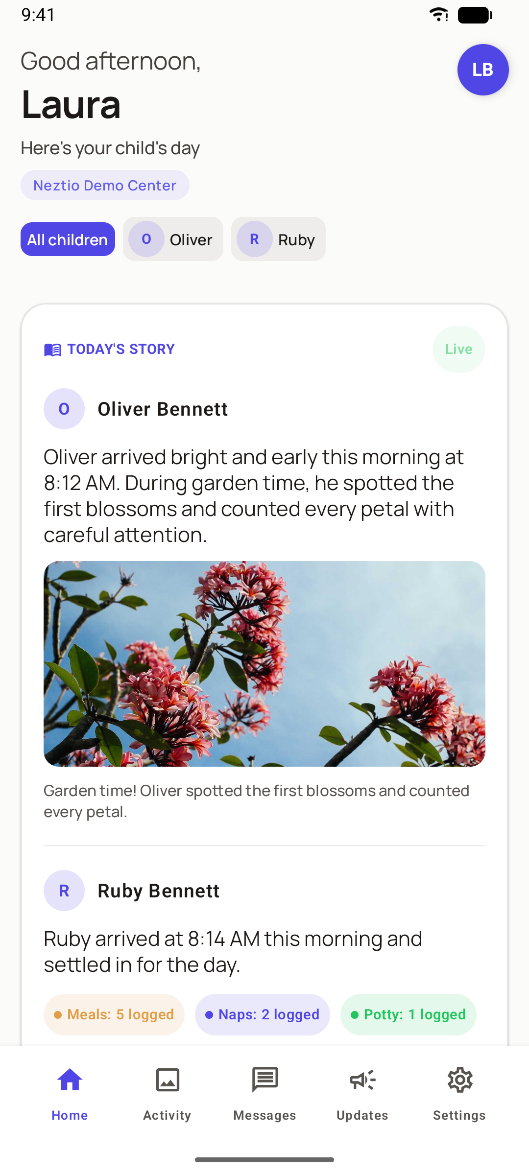 Neztio parent app home screen showing child activity, attendance status, and quick actions