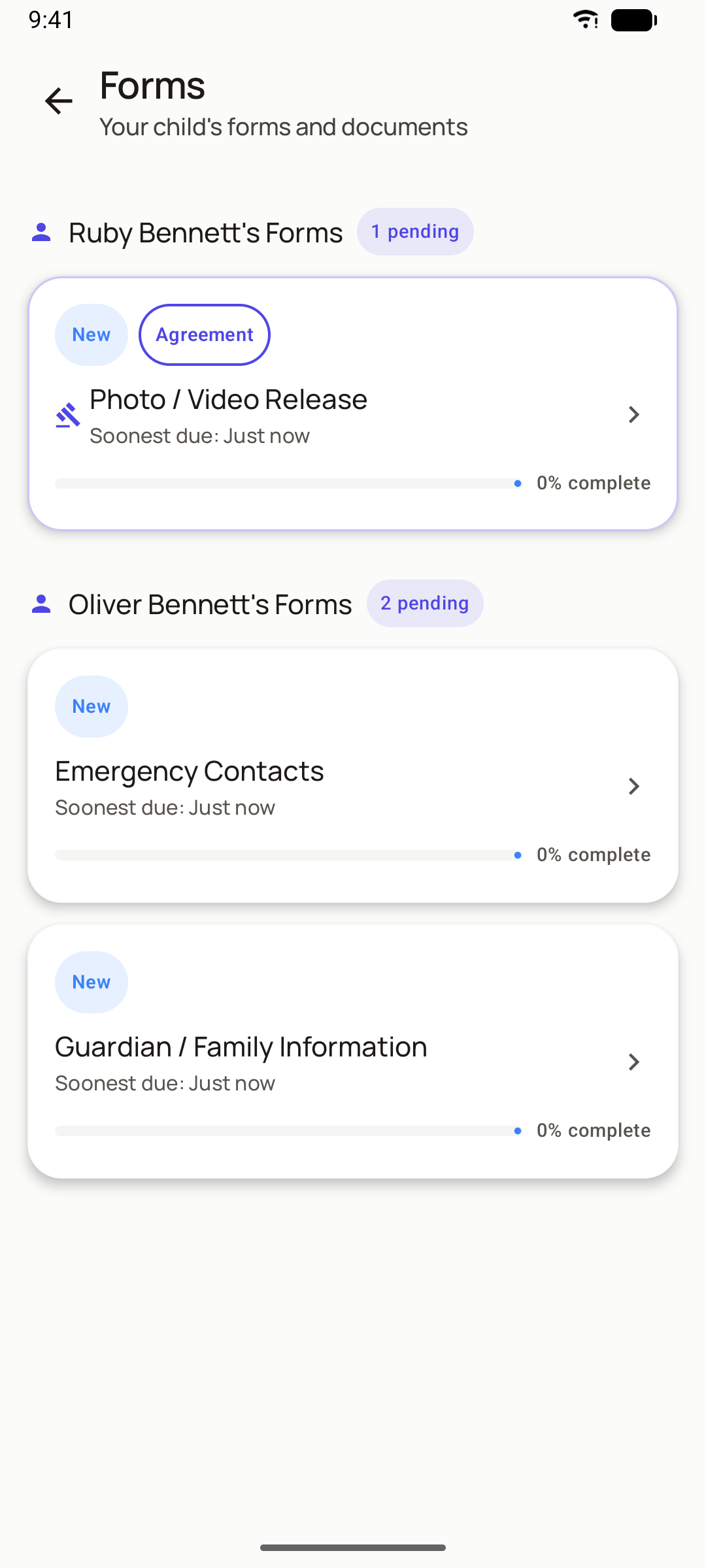 Digital enrollment forms on the Neztio parent app for iOS