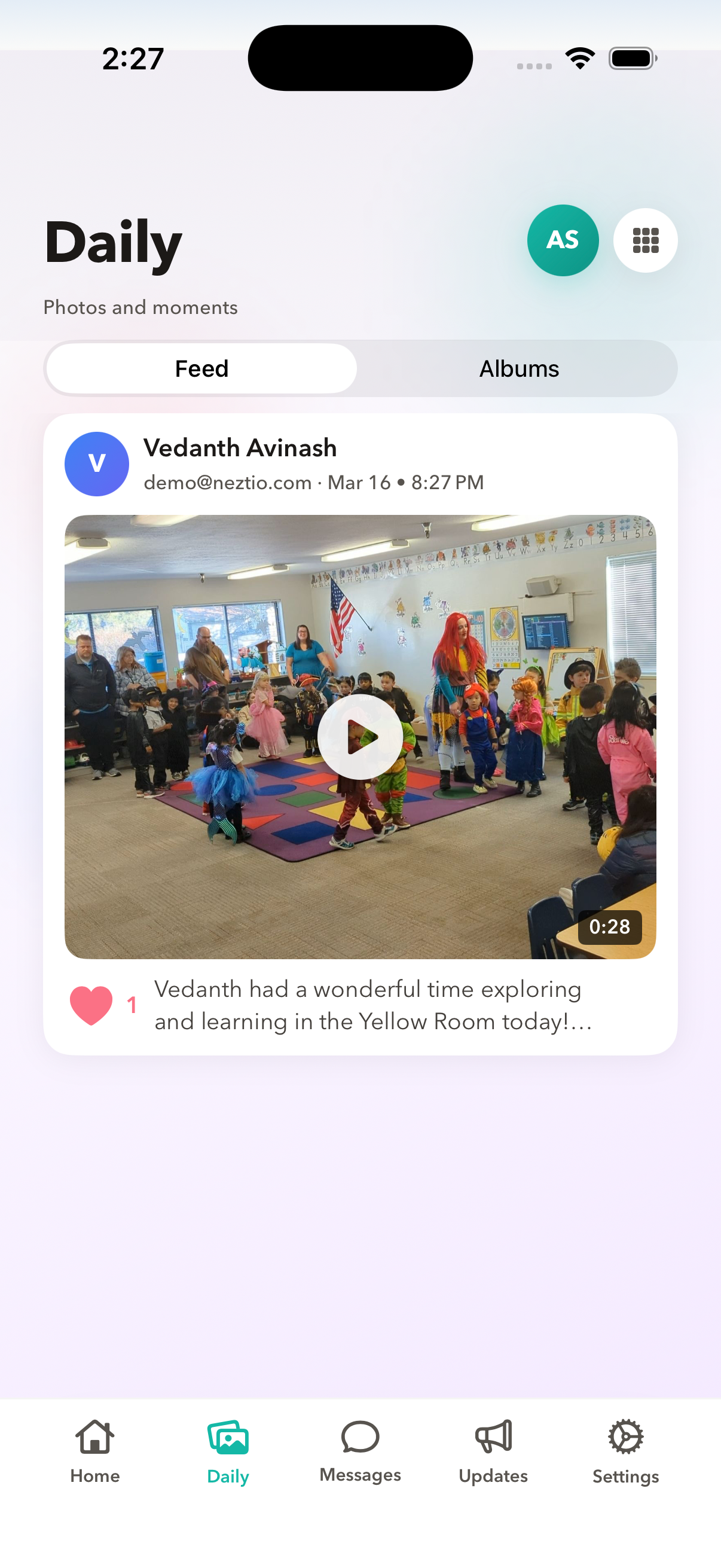 Neztio parent app daily activity feed showing meals, naps, and learning activities