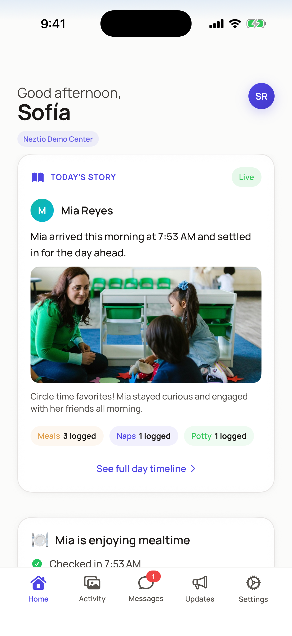 Neztio parent app home screen showing child attendance status, AI daily report card, and quick action buttons for check-in and messaging - iOS