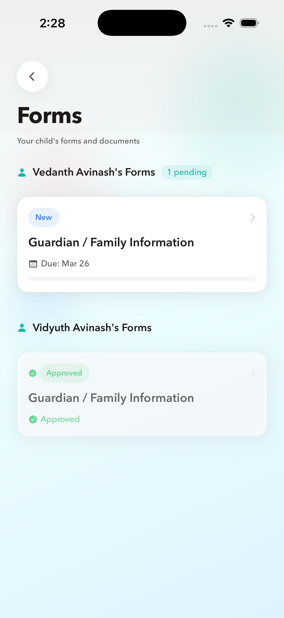 Digital enrollment forms on the Neztio parent app for iOS
