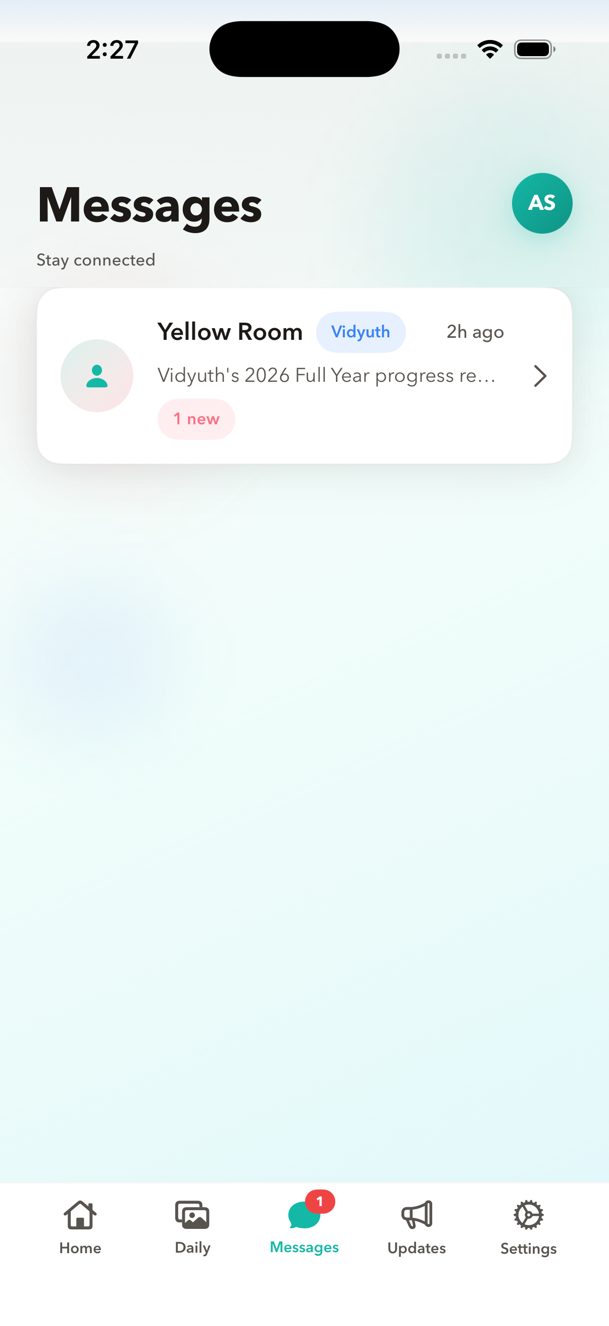 Parent app messaging view on iOS showing conversation threads with childcare staff