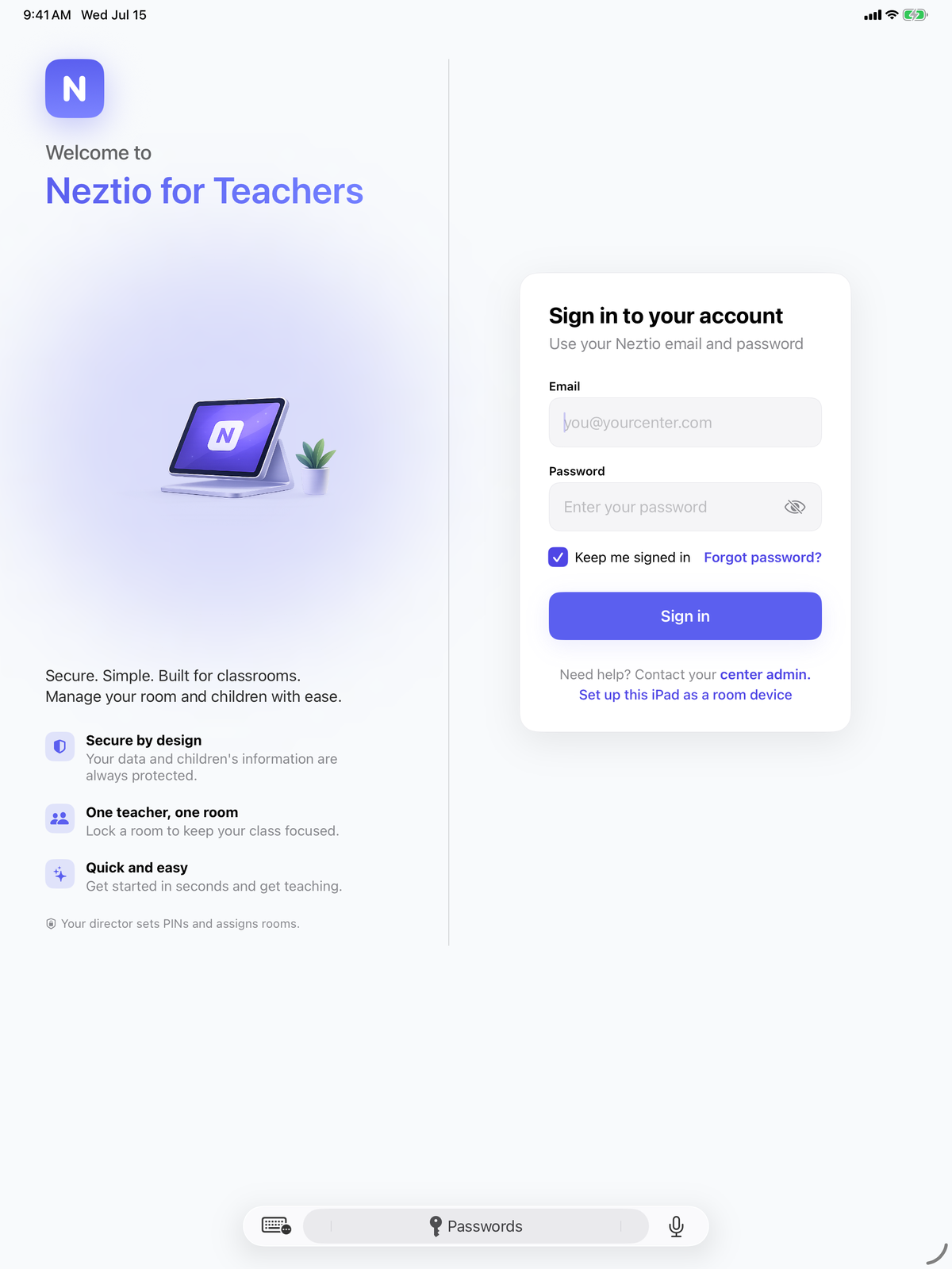 Pantalla de inicio de sesión dividida de Neztio for Teachers en iPad con un panel de bienvenida y funciones a la izquierda y una tarjeta para iniciar sesión a la derecha, con un enlace para configurar el iPad como dispositivo de salón