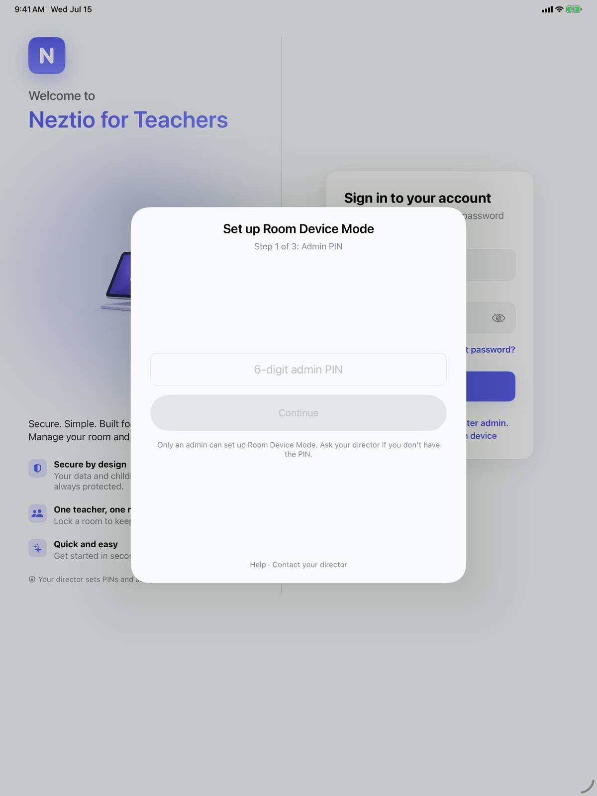 Pantalla de configuración del modo dispositivo de salón de Neztio for Teachers en iPad, paso 1 de 3 que pide un PIN de administrador de 6 dígitos e indica que solo un administrador puede configurarlo