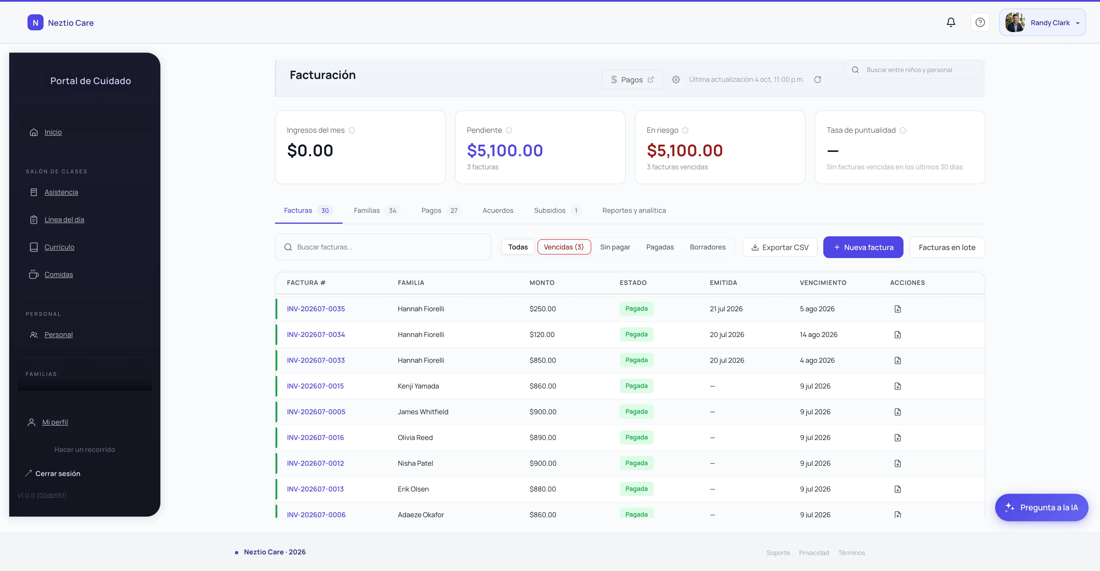 Billing dashboard for managing subsidy payments and parent co-pays