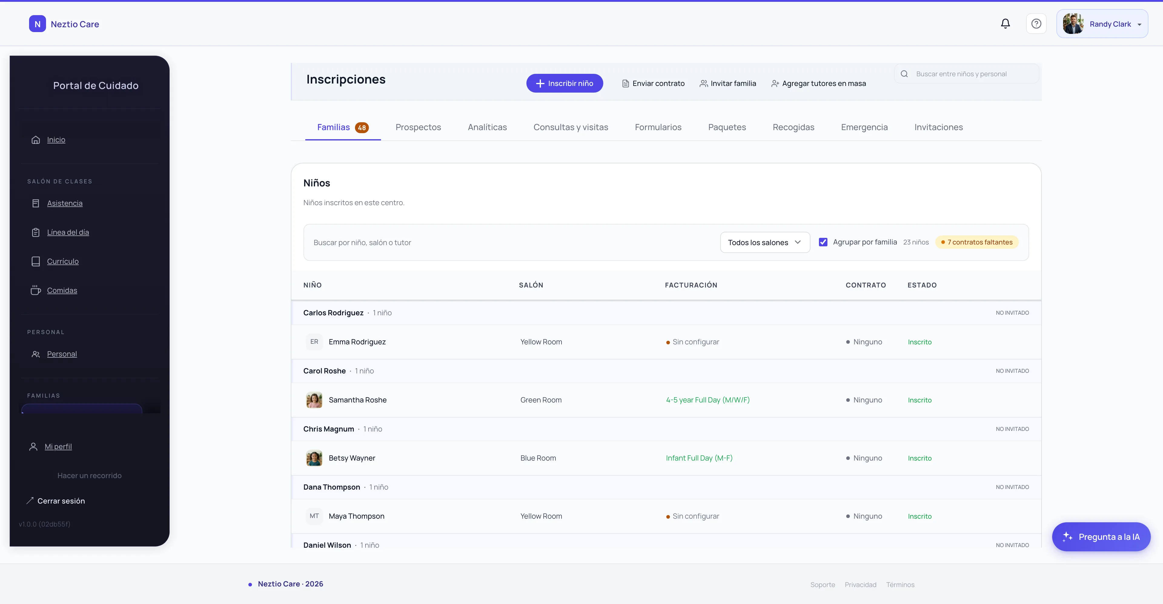 Enrollment management dashboard showing active, pending, and waitlisted families