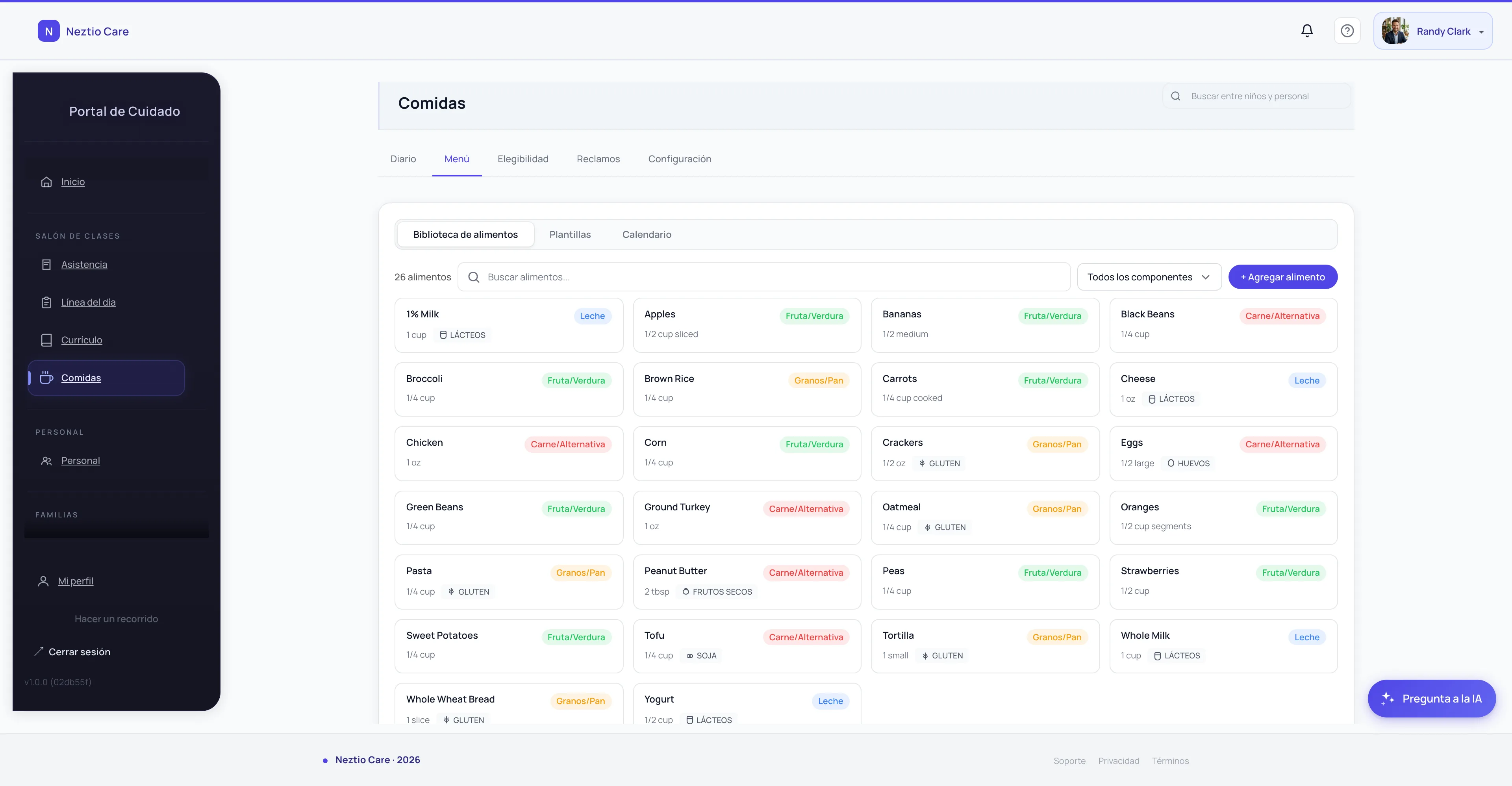 Meal planning dashboard with automated CACFP compliance checks