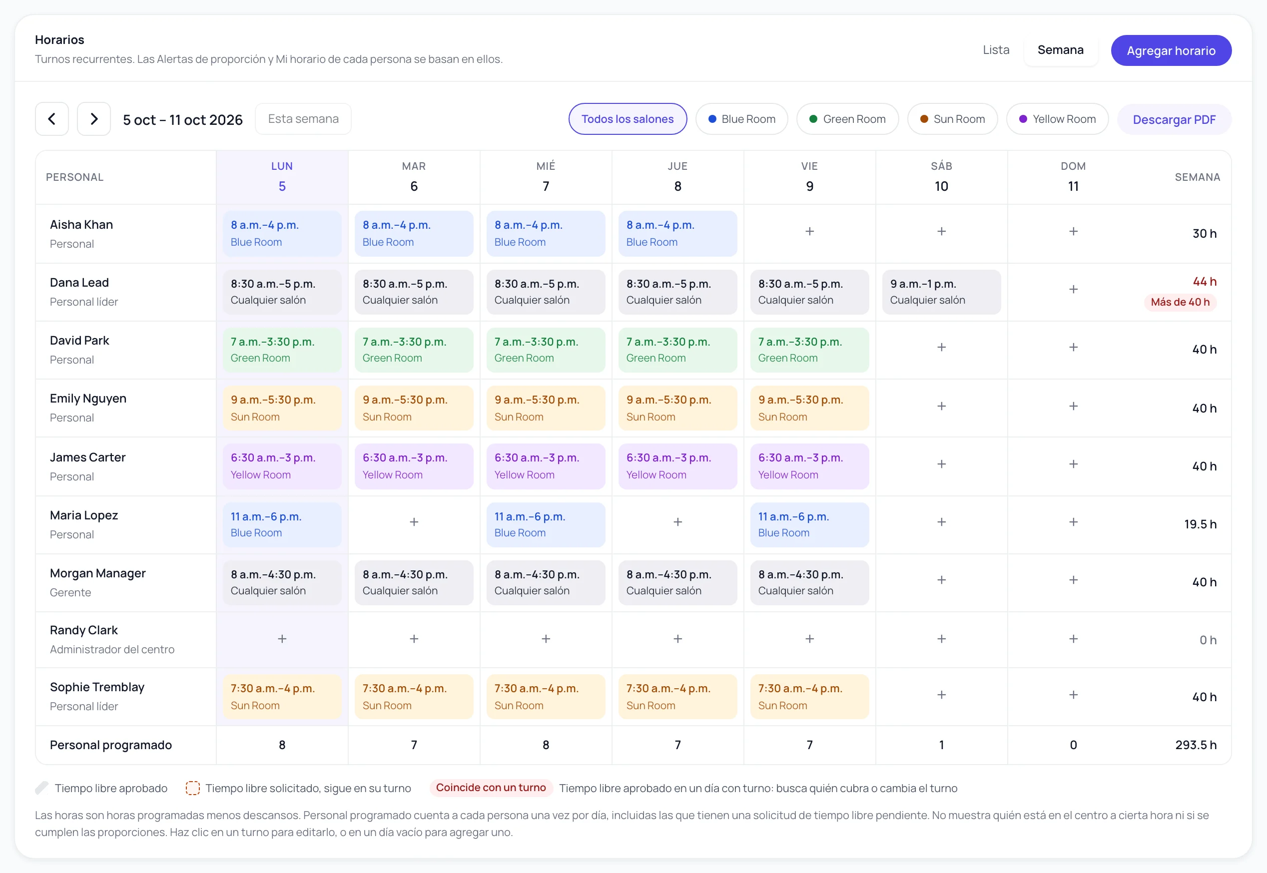 Horario semanal de Neztio con los turnos de cada miembro del personal por día, con colores por salón