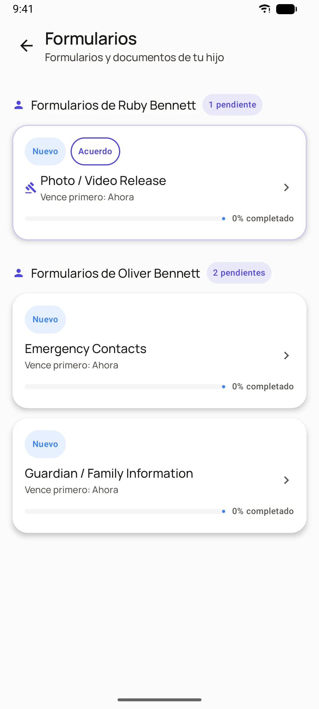 Digital enrollment forms on the Neztio parent app for iOS